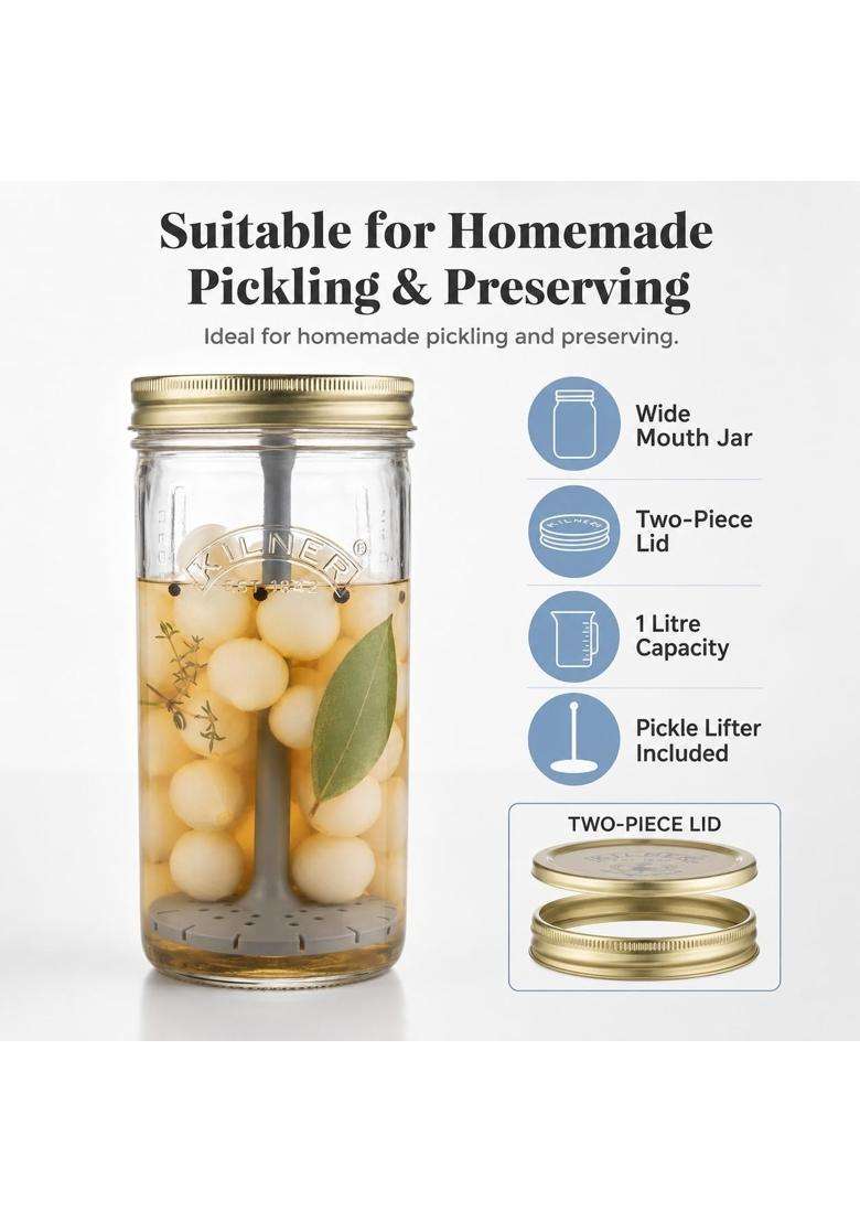 Kilner Premium Glass Pickle Jar with Lifter and Screw Lid for Pickles | 1 L | 1.1 Qt - Indya