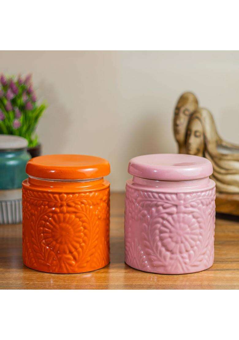 ClayStone Ceramic Floral Jar Set Handmade | 1000 ml | 33.8 fl oz | Pack of 2 - Indya