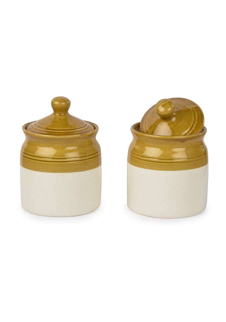 HC THE CRAFTS Handmade Ceramic Dining Table Pickle Cookie Jar Set with Lid | 200 ml | 6.8 fl oz | 2-Piece Set - Indya