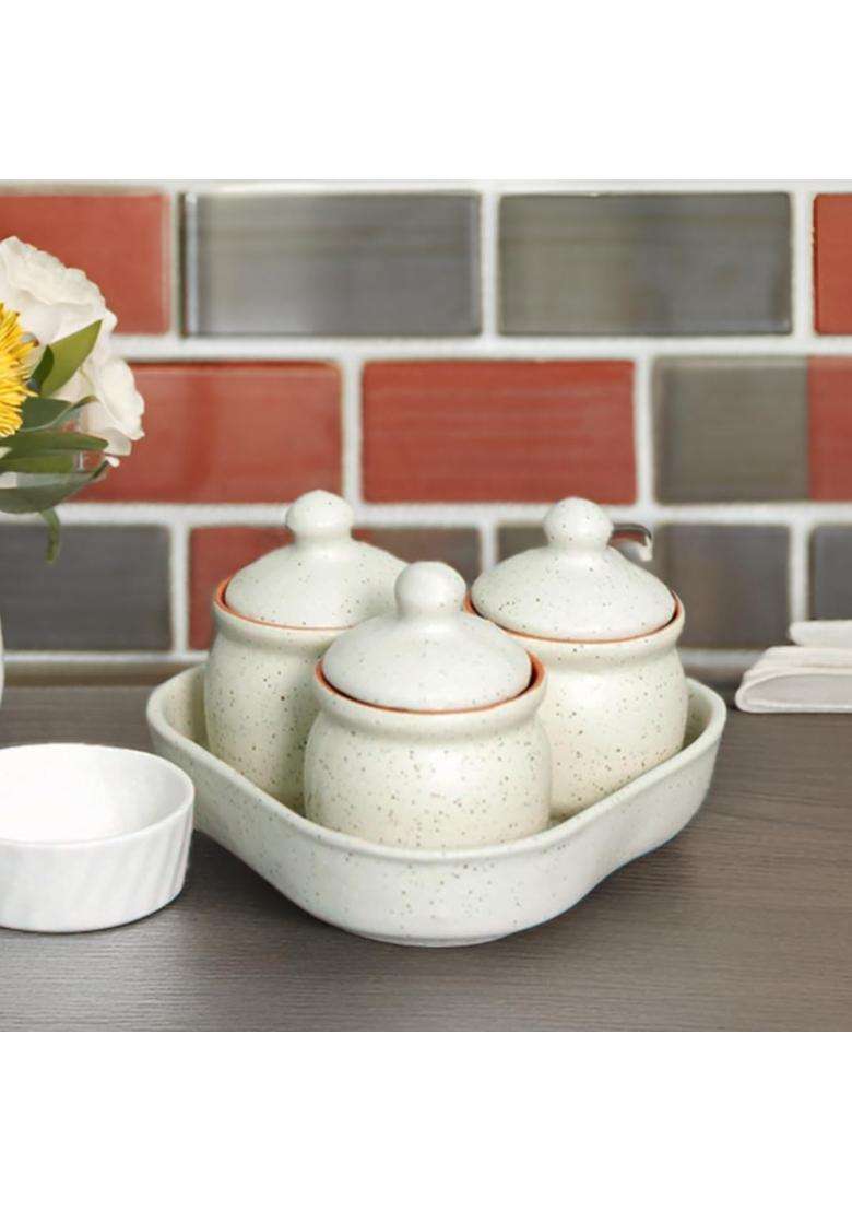 Kraftlik Handicrafts Kreative Homes Ceramic Jars with Lid and Holding Tray Multipurpose Barni | Pack of 3 - Indya