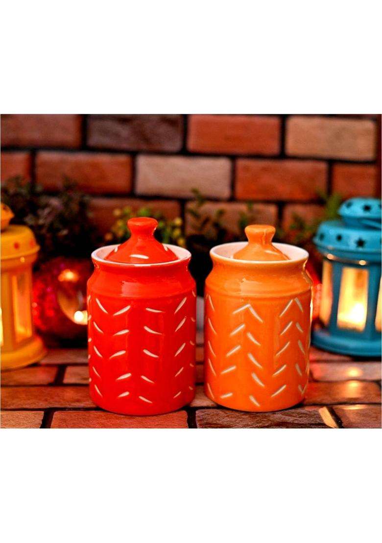 SHRIYAM CRAFT Ceramic Jar with Lid Unique Design Food Storage Container | 500 ml | 16.9 fl oz | Pack of 2 - Indya