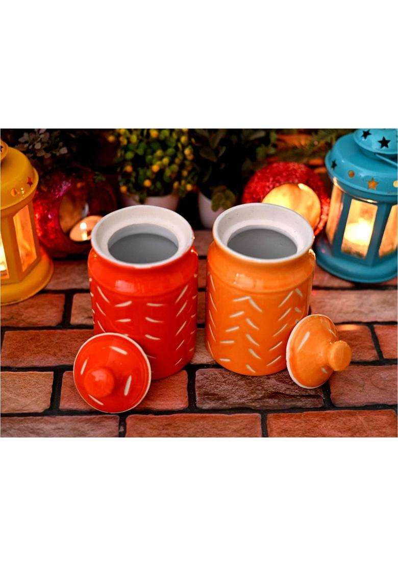 SHRIYAM CRAFT Ceramic Jar with Lid Unique Design Food Storage Container | 500 ml | 16.9 fl oz | Pack of 2 - Indya