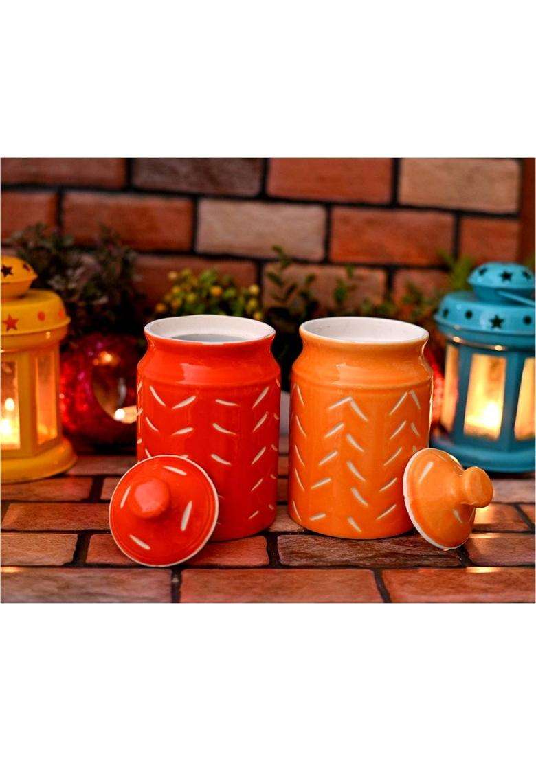 SHRIYAM CRAFT Ceramic Jar with Lid Unique Design Food Storage Container | 500 ml | 16.9 fl oz | Pack of 2 - Indya