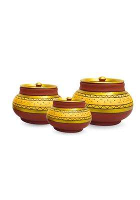 Terra Charms Premium Yellow Mitti Mathni with Lids | 3-Piece Set | Handcrafted | With Lid