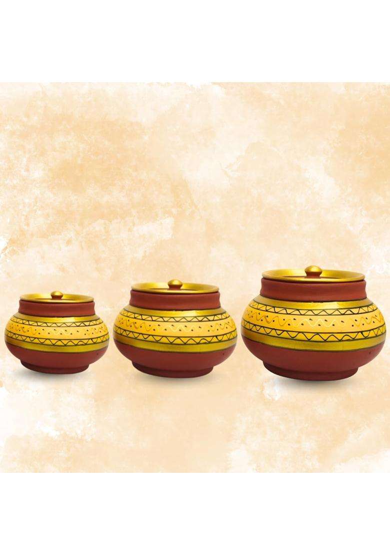 Terra Charms Premium Yellow Mitti Mathni with Lids | 3-Piece Set | Handcrafted | With Lid - Indya