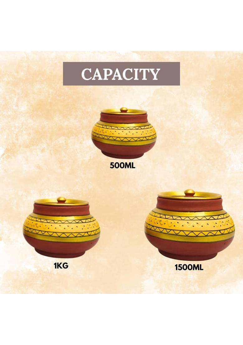 Terra Charms Premium Yellow Mitti Mathni with Lids | 3-Piece Set | Handcrafted | With Lid - Indya
