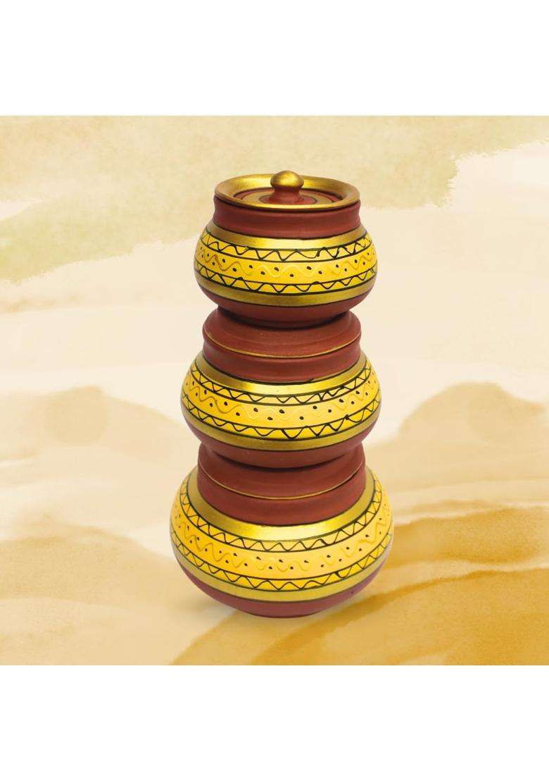 Terra Charms Yellow Clay Mathni with Lids | 3-Piece Set | Handcrafted | With Lid - Indya