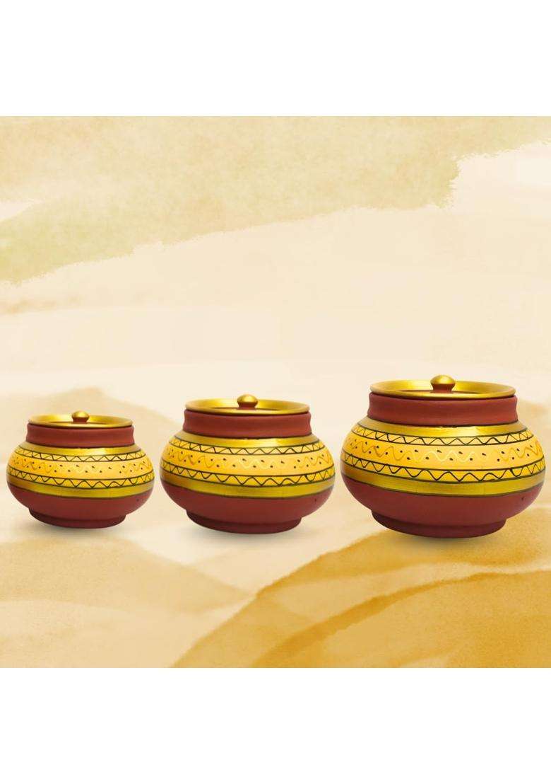 Terra Charms Yellow Clay Mathni with Lids | 3-Piece Set | Handcrafted | With Lid - Indya