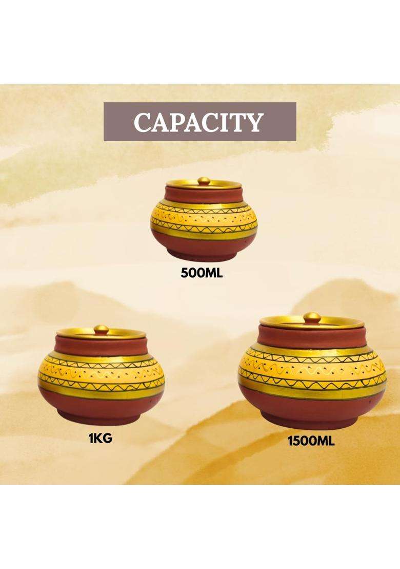 Terra Charms Yellow Clay Mathni with Lids | 3-Piece Set | Handcrafted | With Lid - Indya