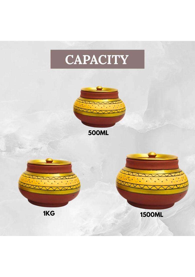 Terra Charms Yellow Clay Mathni with Lids | 3-Piece Set | Handcrafted | With Lid - Indya