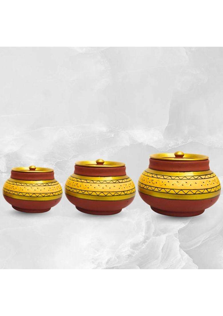 Terra Charms Yellow Clay Mathni with Lids | 3-Piece Set | Handcrafted | With Lid - Indya