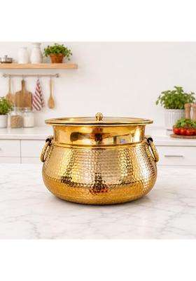 ANYRA'S TROVE Brass Handi Cooking Pot with Lid | 4.5 L | 4.8 Qt | Heavy Bottom | Tin Lined Kalai | Hammered Finish