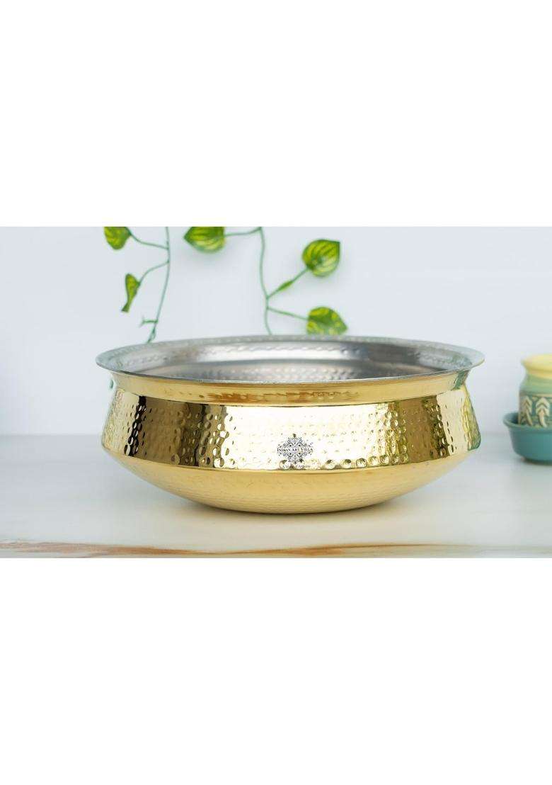 INDIAN ART VILLA Pure Brass Lagan Handi Cooking Pot with Tin Lining | 3.5 L | 3.7 Qt | 10 Inch - Indya