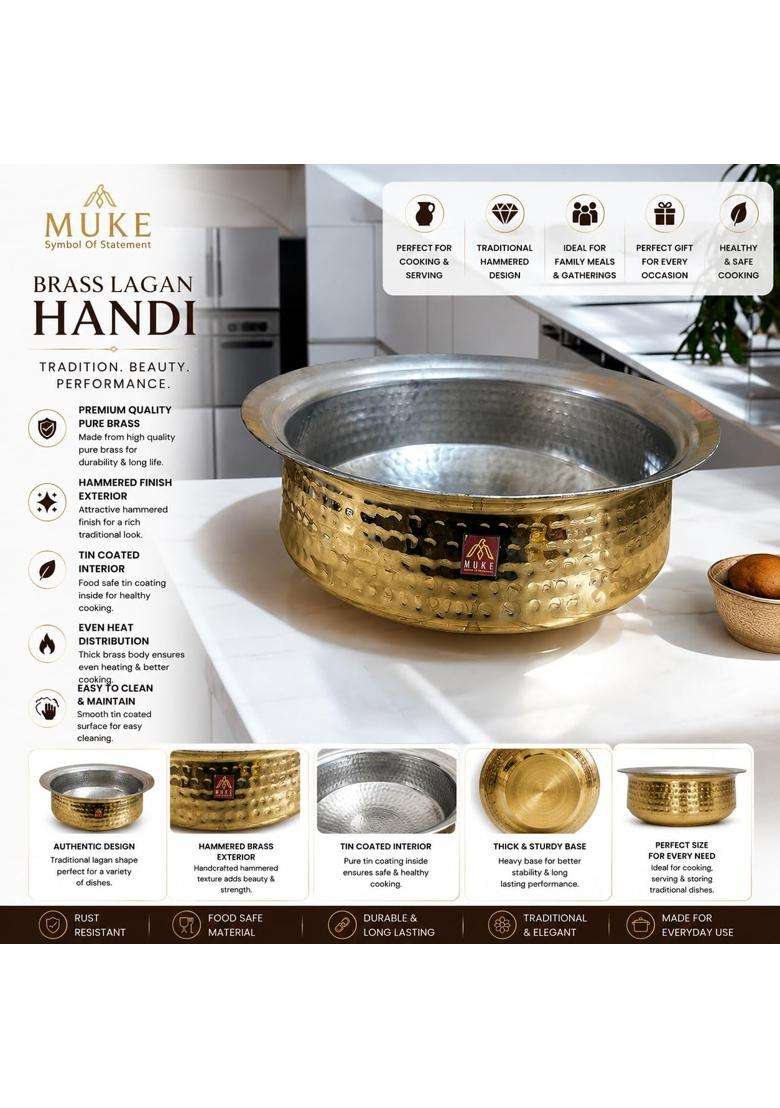 MUKE Brass Lagan Handi Cooking Pot 100 Pure Hammered | 3 L | 3.2 Qt | Handcrafted - Indya