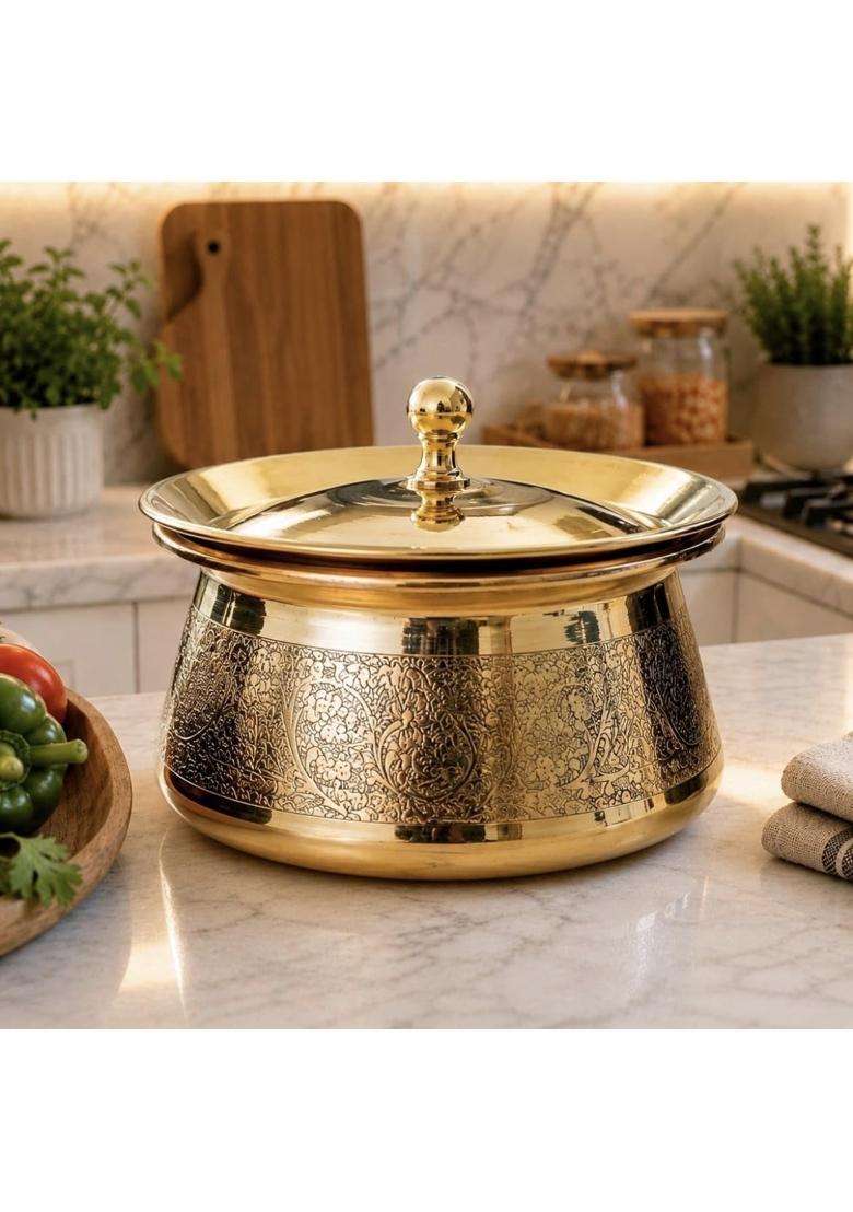 PTAL NAGRI Pure Brass Designed Lagan Handi for Cooking with Lid and Kalai Inside | 1 L | 1.1 Qt - Indya