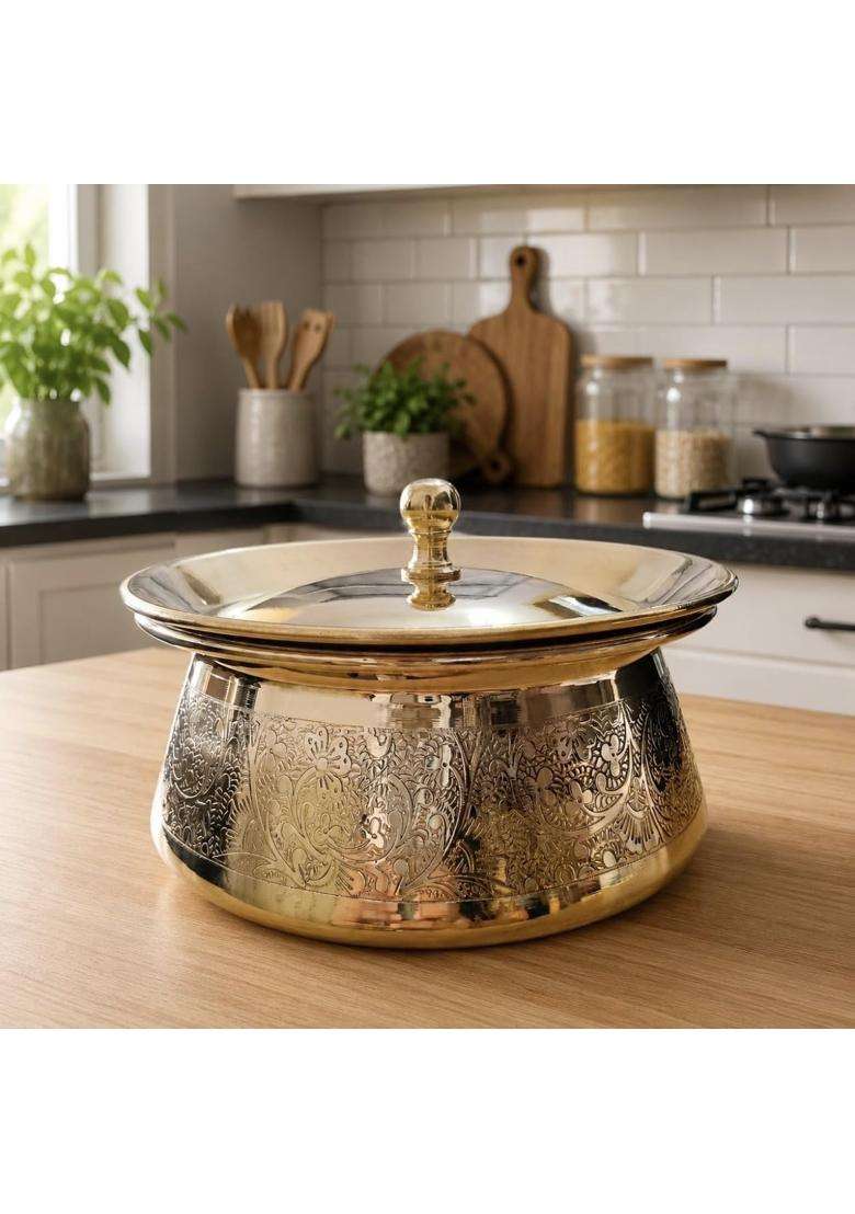 PTAL NAGRI Pure Brass Designed Lagan Handi for Cooking with Lid and Kalai Inside | 1 L | 1.1 Qt - Indya