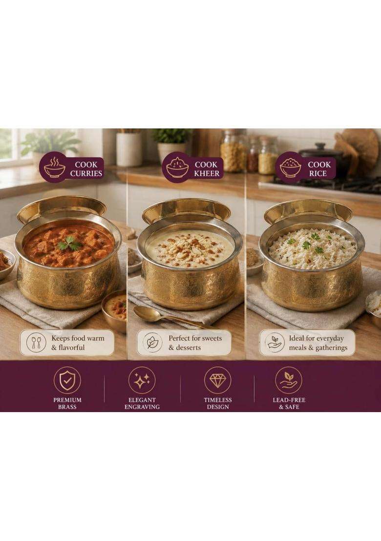 PTAL NAGRI Pure Brass Designed Lagan Handi for Cooking with Lid and Kalai Inside | 1 L | 1.1 Qt - Indya