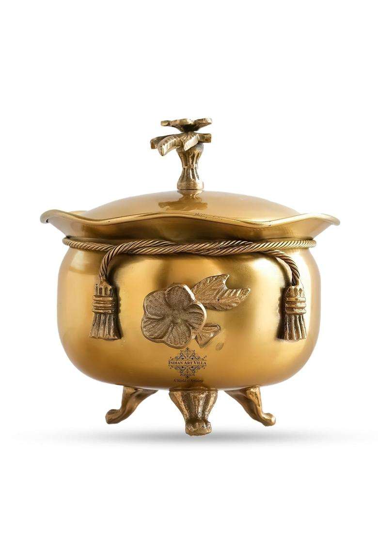 INDIAN ART VILLA Pure Brass Ribbon Bow Design Design Handi Cooking Pot Casserole with Designer Lid and 3 Legs | 0.3 L | 0.3 Qt - Indya
