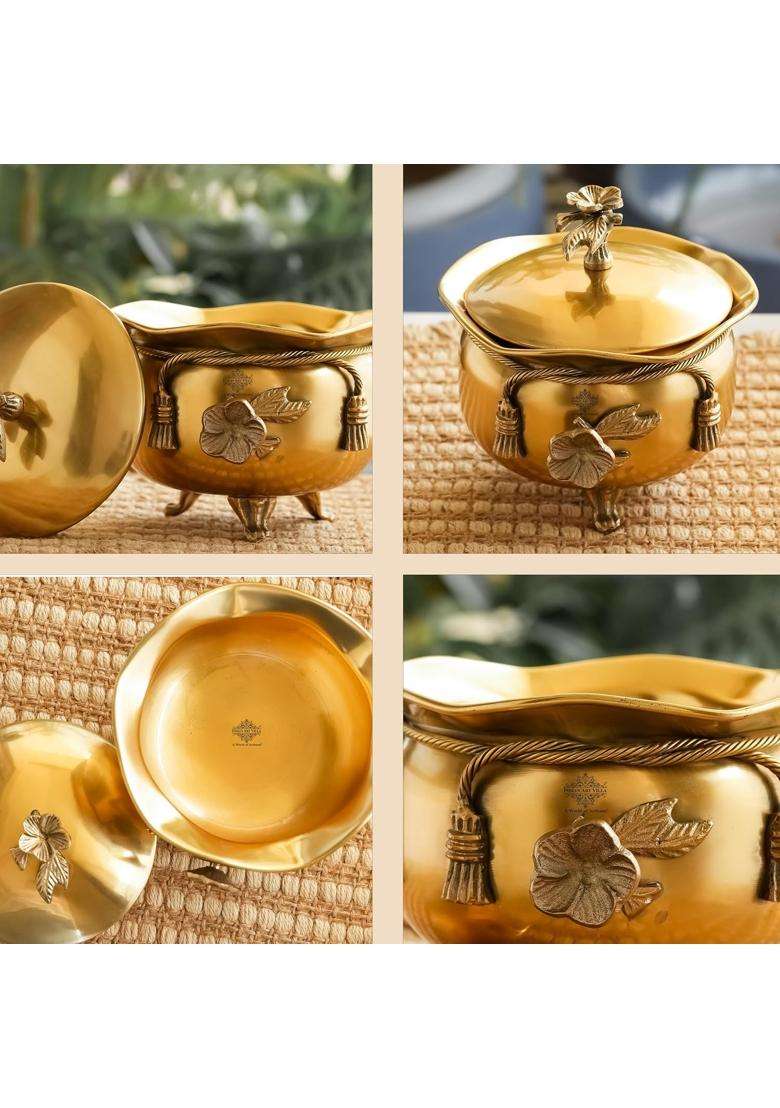 INDIAN ART VILLA Pure Brass Ribbon Bow Design Design Handi Cooking Pot Casserole with Designer Lid and 3 Legs | 0.3 L | 0.3 Qt - Indya