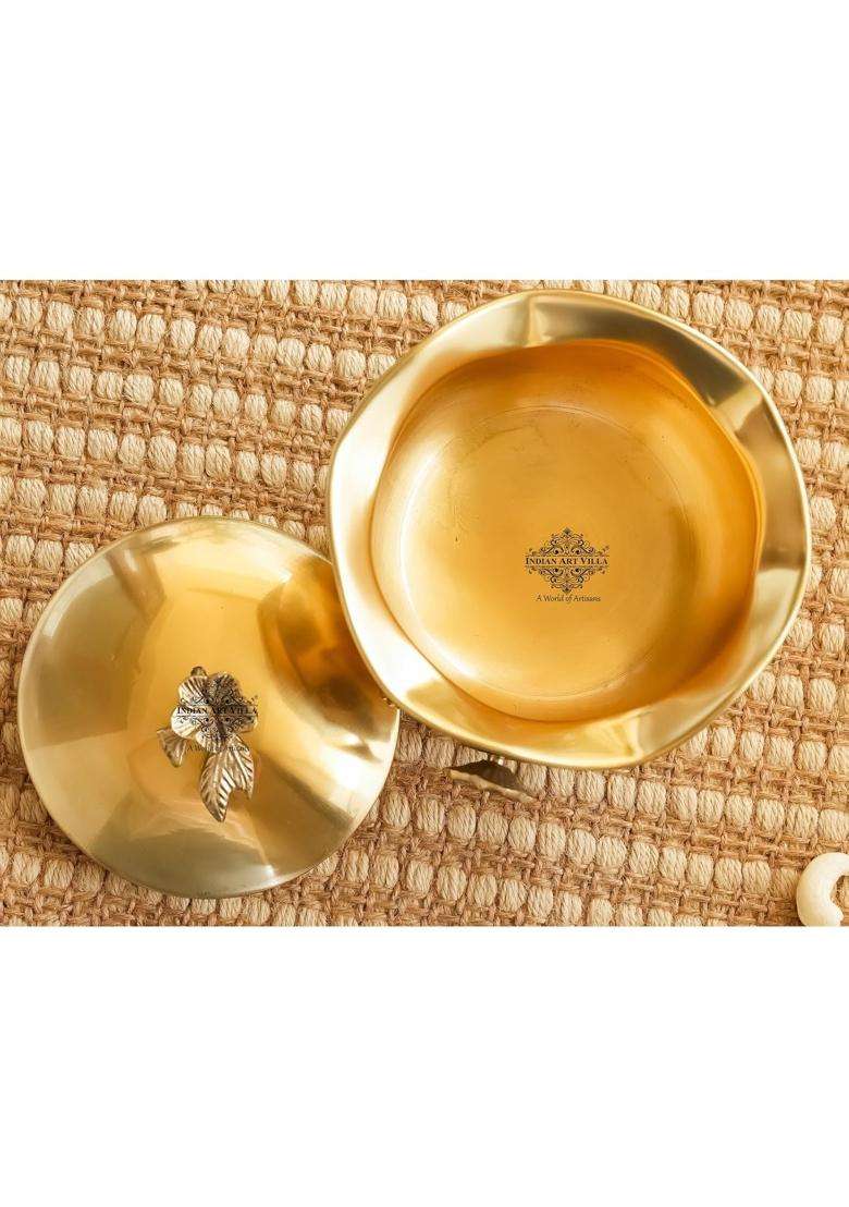 INDIAN ART VILLA Pure Brass Ribbon Bow Design Design Handi Cooking Pot Casserole with Designer Lid and 3 Legs | 0.3 L | 0.3 Qt - Indya