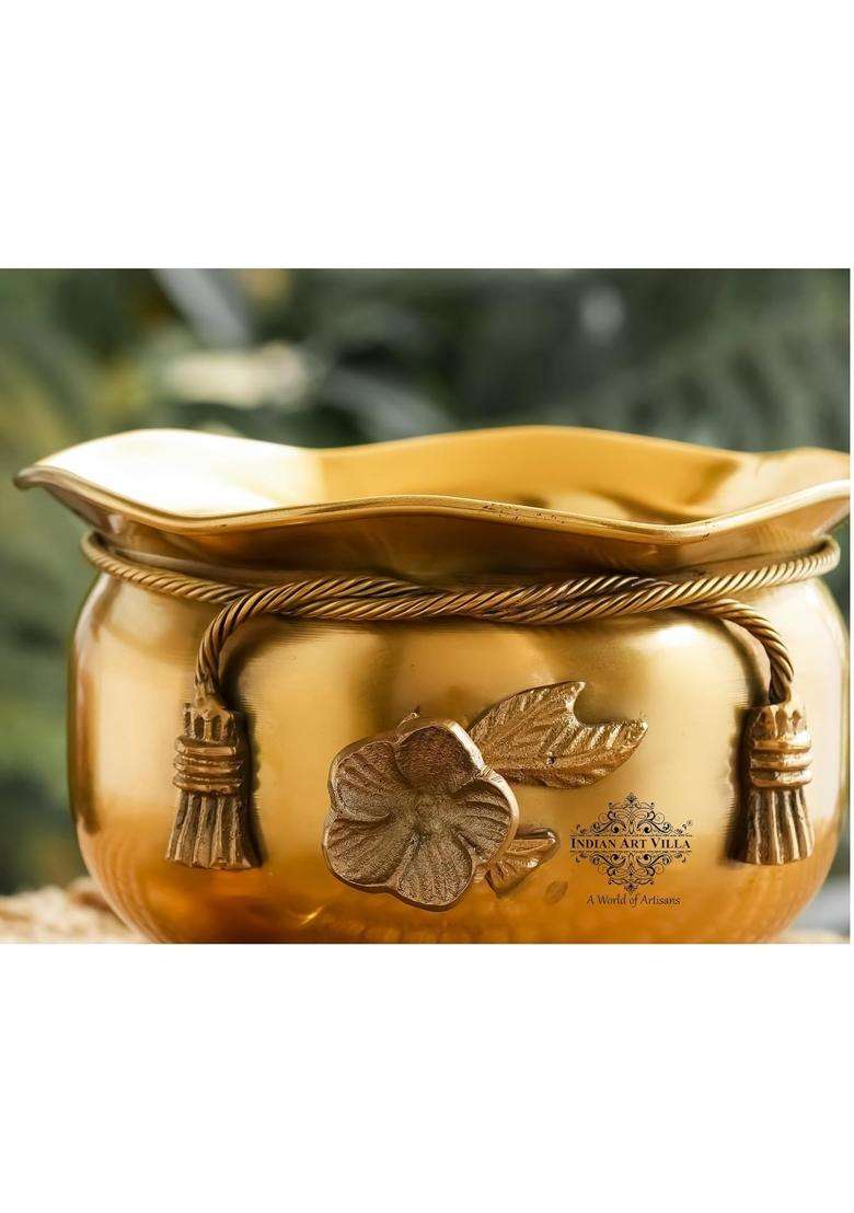 INDIAN ART VILLA Pure Brass Ribbon Bow Design Design Handi Cooking Pot Casserole with Designer Lid and 3 Legs | 0.3 L | 0.3 Qt - Indya