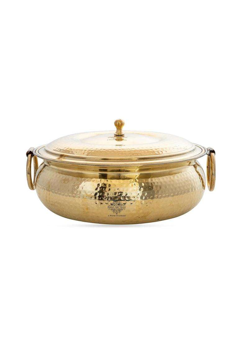 INDIAN ART VILLA Brass Degchi Cooking Pot with Hammered Design and Tin Lining | 4000 ml | 135.3 fl oz - Indya