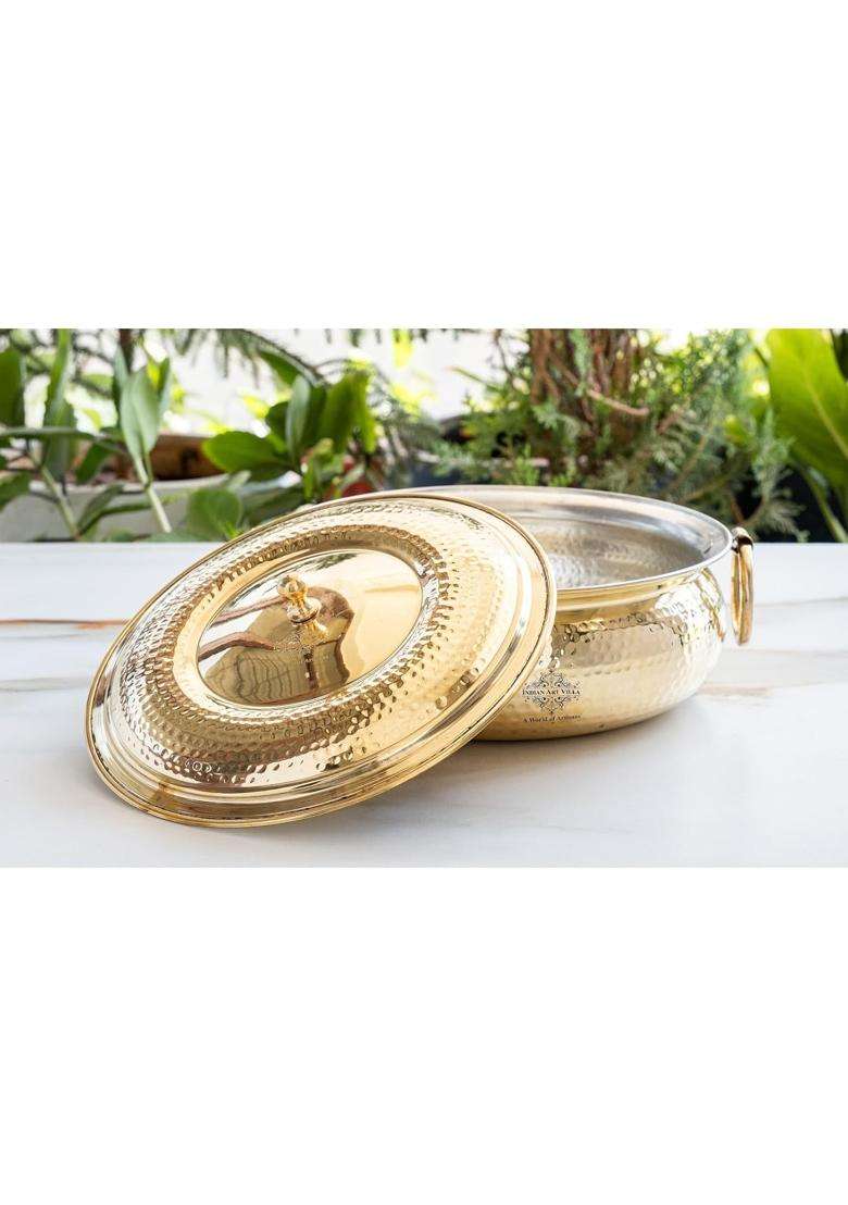 INDIAN ART VILLA Brass Degchi Cooking Pot with Hammered Design and Tin Lining | 4000 ml | 135.3 fl oz - Indya