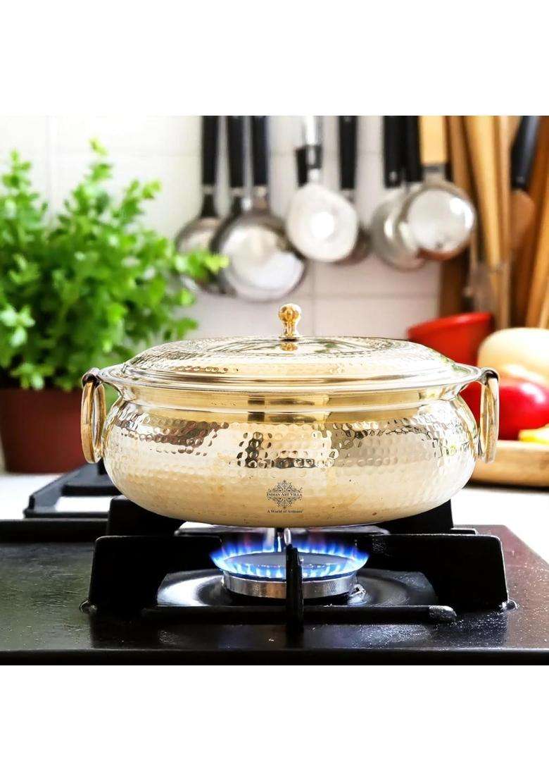 INDIAN ART VILLA Brass Degchi Cooking Pot with Hammered Design and Tin Lining | 4000 ml | 135.3 fl oz - Indya