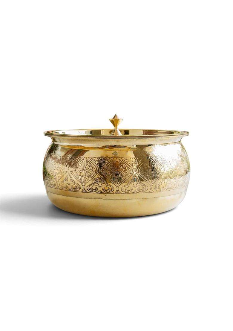 INDIAN ART VILLA Brass Handi with Embossed Design | 2 L | 2.1 Qt | Tin Lined Kalai - Indya