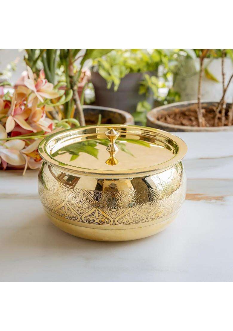 INDIAN ART VILLA Brass Handi with Embossed Design | 2 L | 2.1 Qt | Tin Lined Kalai - Indya
