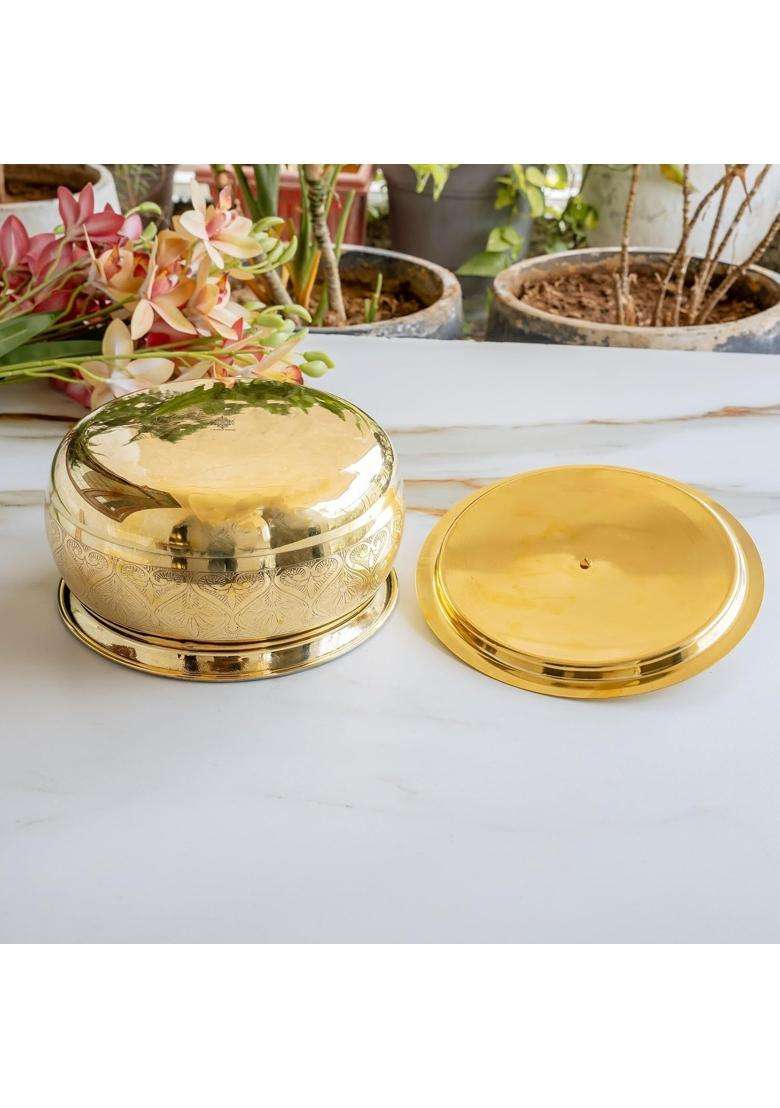 INDIAN ART VILLA Brass Handi with Embossed Design | 2 L | 2.1 Qt | Tin Lined Kalai - Indya