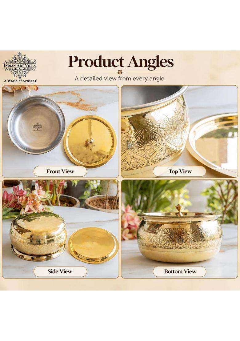 INDIAN ART VILLA Brass Handi with Embossed Design | 2 L | 2.1 Qt | Tin Lined Kalai - Indya