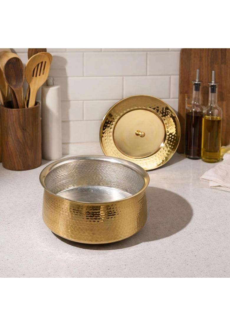 Adoko 100 Pure Brass Hammered Lagan Handi Cooking Pot | 1.5 L | 1.6 Qt | With Lid - Indya
