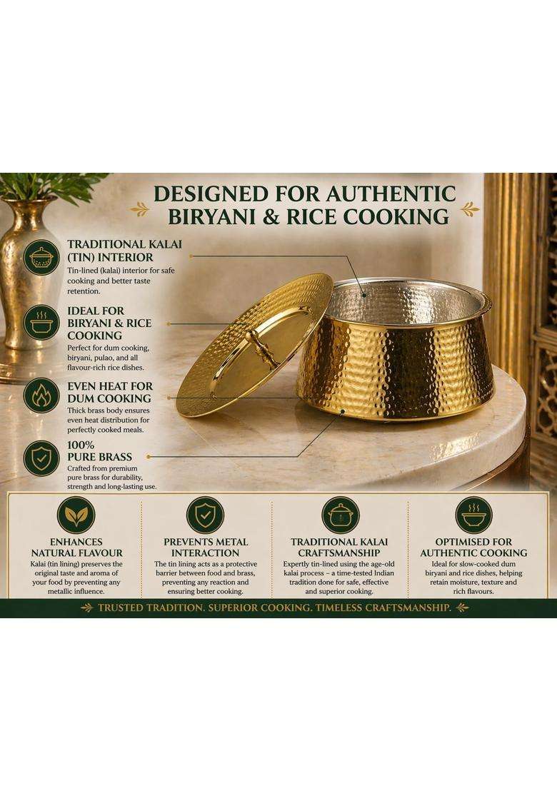 Adoko 100 Pure Brass Hammered Lagan Handi Cooking Pot | 1.5 L | 1.6 Qt | With Lid - Indya