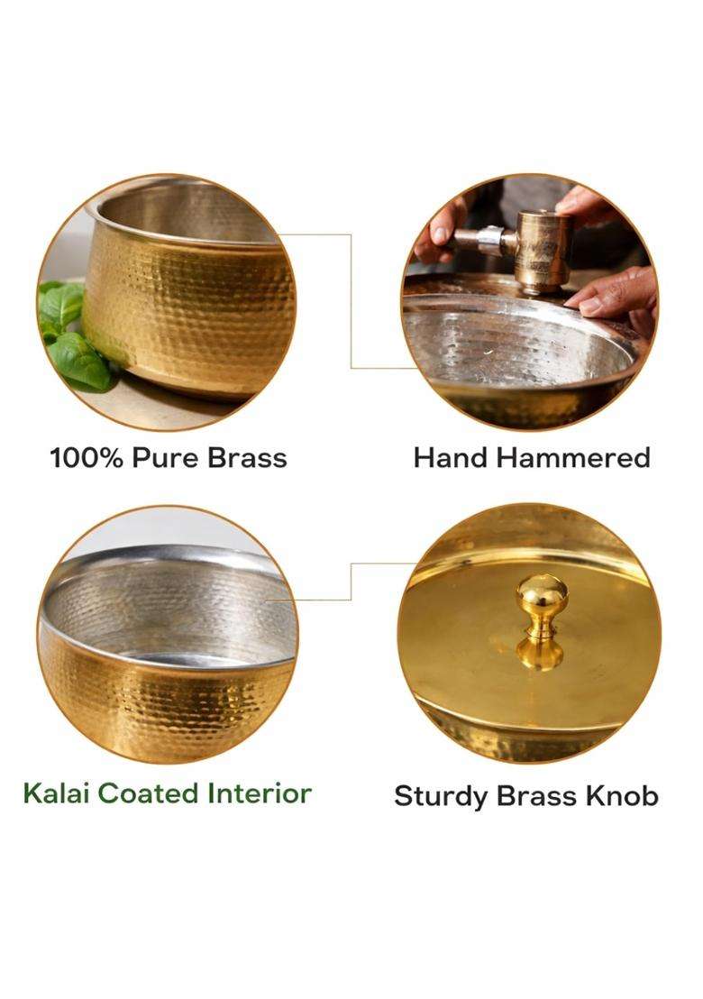 Adoko 100 Pure Brass Hammered Lagan Handi Cooking Pot | 1.5 L | 1.6 Qt | With Lid - Indya