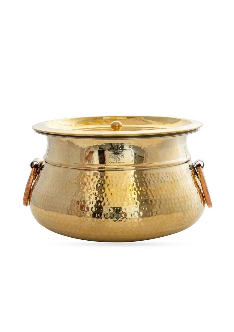 INDIAN ART VILLA Hammered Lagan Handi Cooking Pot with Tin Lining and Lid Cover | 4.5 L | 4.8 Qt - Indya