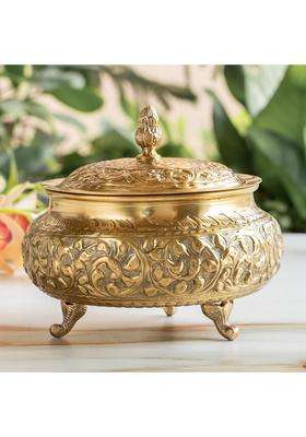 INDIAN ART VILLA Brass Embossed Design Handi Cooking Pot with Lid | 2000 ml | 67.6 fl oz