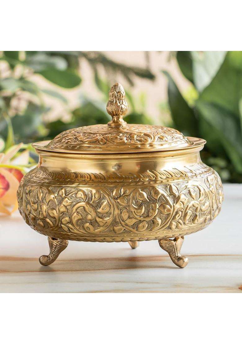 INDIAN ART VILLA Brass Embossed Design Handi Cooking Pot with Lid | 2000 ml | 67.6 fl oz - Indya