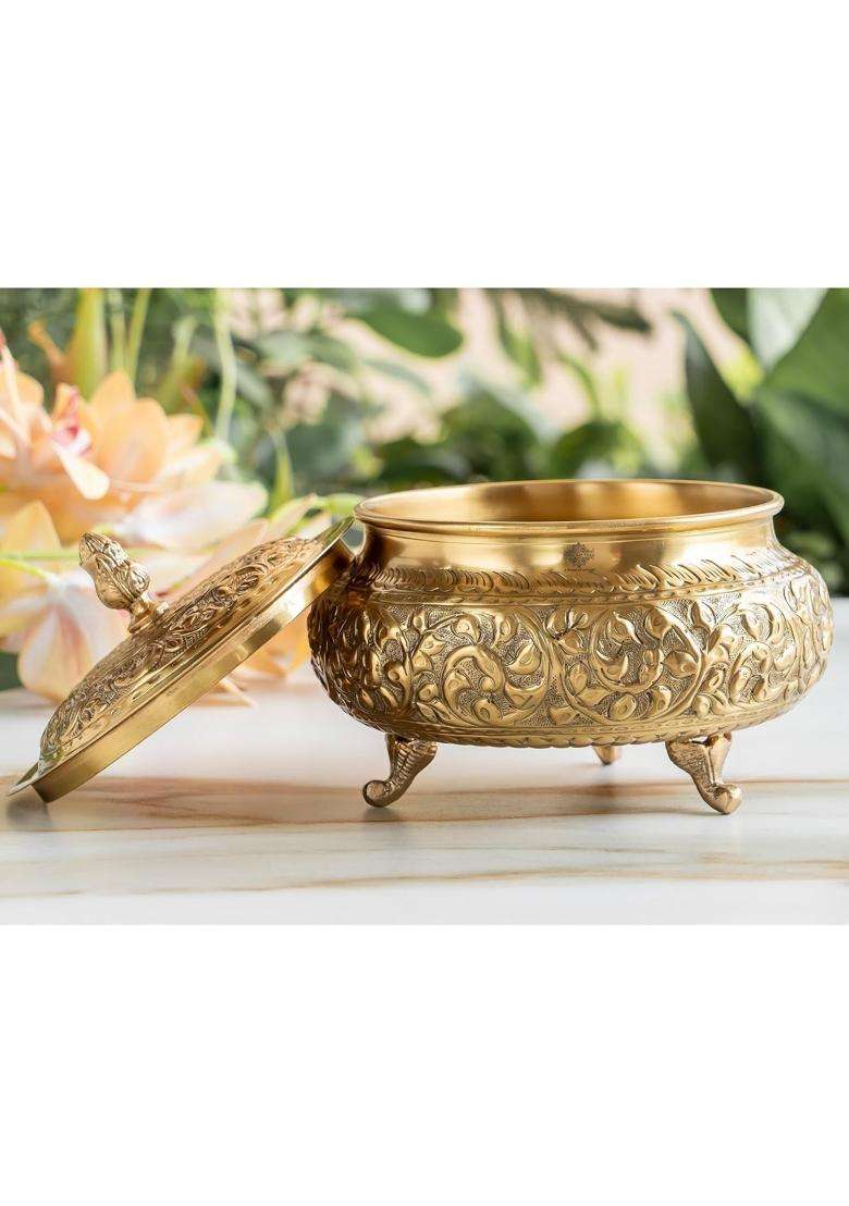INDIAN ART VILLA Brass Embossed Design Handi Cooking Pot with Lid | 2000 ml | 67.6 fl oz - Indya