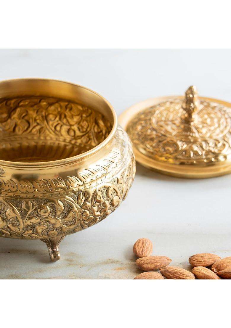 INDIAN ART VILLA Brass Embossed Design Handi Cooking Pot with Lid | 2000 ml | 67.6 fl oz - Indya