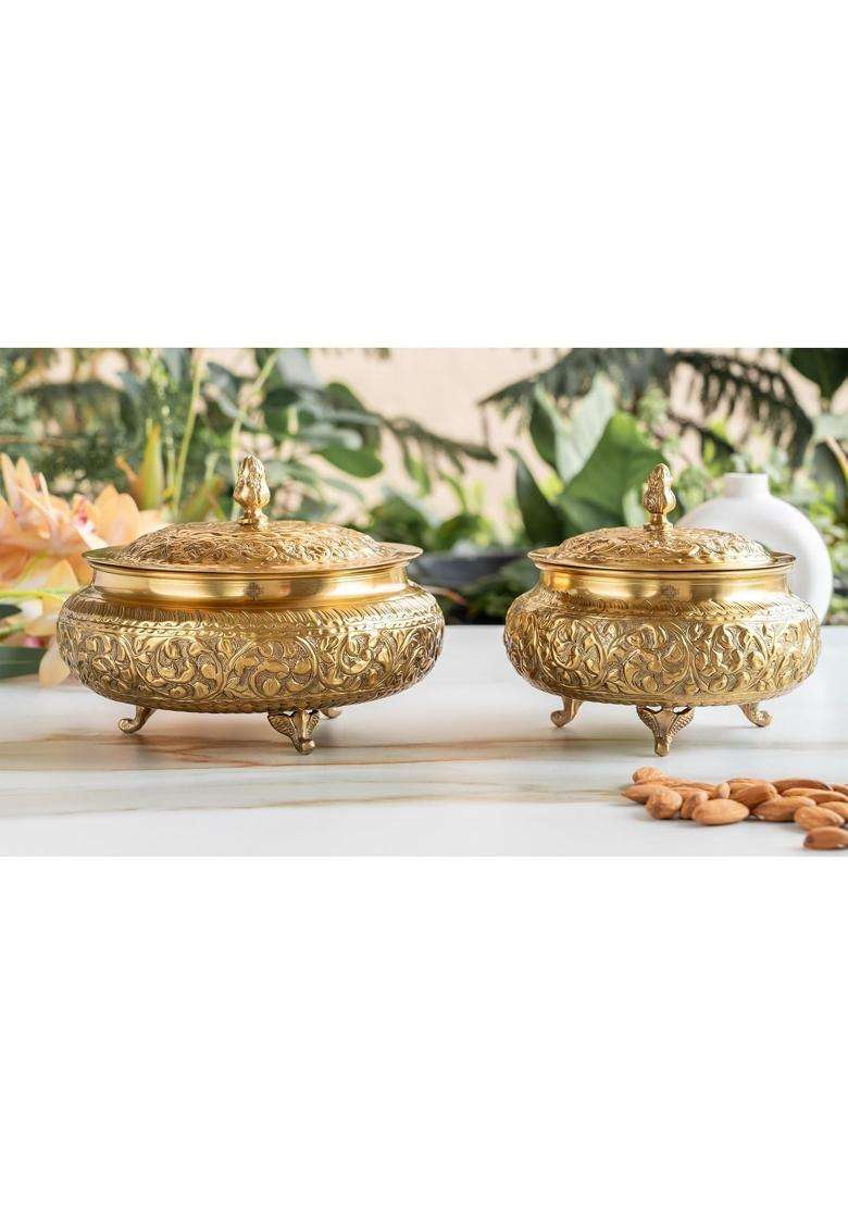 INDIAN ART VILLA Brass Embossed Design Handi Cooking Pot with Lid | 2000 ml | 67.6 fl oz - Indya