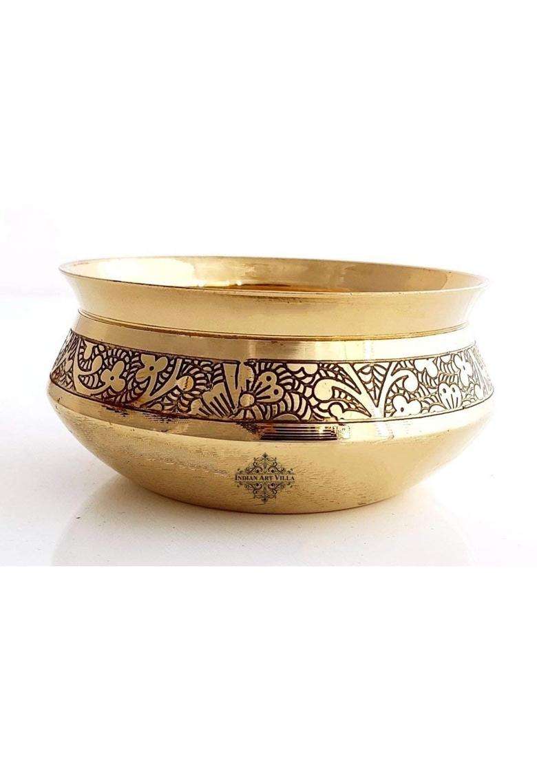 INDIAN ART VILLA Brass Embossed Design Handi Cooking Pot Bowl | 350 ml | 11.8 fl oz - Indya