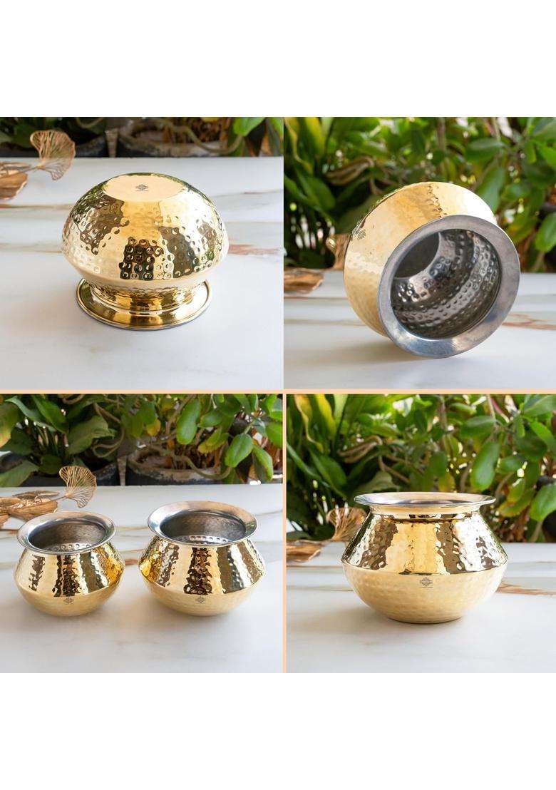 INDIAN ART VILLA Brass Hammered Punjabi Handi Cooking Pot with Tin Lining for Cooking and Serving Biryani | 1.8 L | 1.9 Qt - Indya