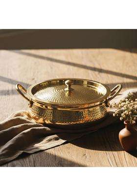 Artarium Pure Brass Handi with Lid Hammered Handi Pot with Insulated Heat-Resistant | 5 L | 5.3 Qt | Non-Toxic | Non-Stick