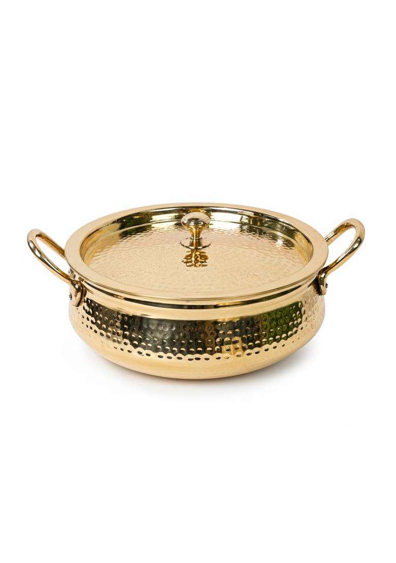 Artarium Pure Brass Handi with Lid Hammered Handi Pot with Insulated Heat-Resistant | 5 L | 5.3 Qt | Non-Toxic | Non-Stick - Indya