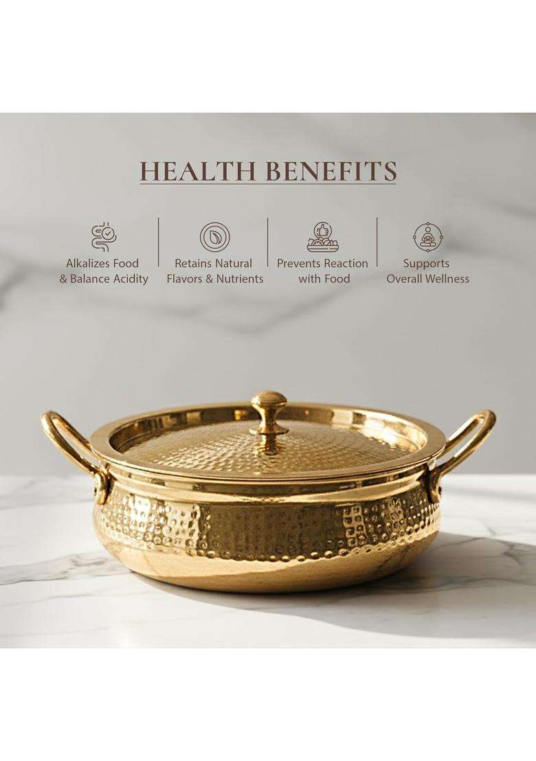 Artarium Pure Brass Handi with Lid Hammered Handi Pot with Insulated Heat-Resistant | 5 L | 5.3 Qt | Non-Toxic | Non-Stick - Indya