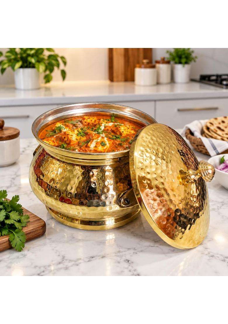 MORADABAD BRASS VILLA Pure Brass Handi Serving with Lid Hammered Handi Pot with Serving -Resistant | 1.5 L | 1.6 Qt | Non-Toxic | Non-Stick - Indya