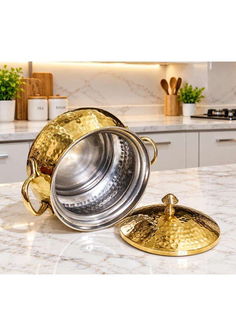 MORADABAD BRASS VILLA Pure Brass Handi Serving with Lid Hammered Handi Pot with Serving -Resistant | 1.5 L | 1.6 Qt | Non-Toxic | Non-Stick - Indya