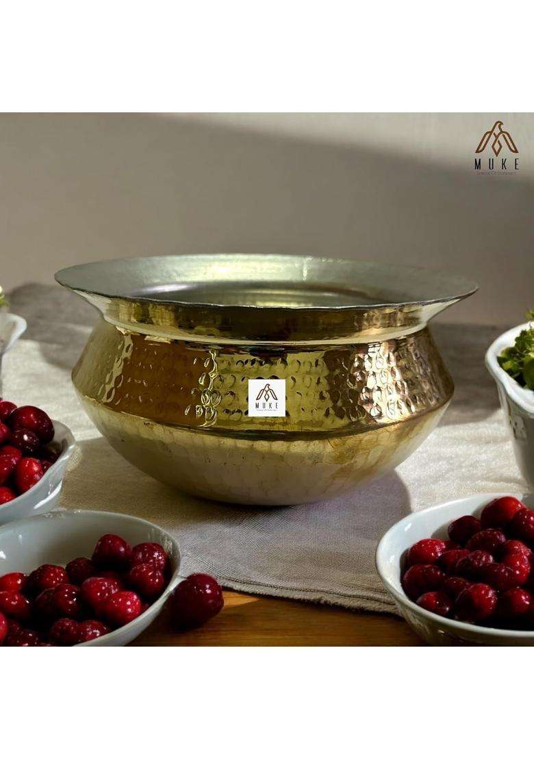 KITCHEN NEXT Muke Brass Handi Cooking Pot Sipri Cookwere Heavy Weight with Hammered Shinny Finish | 2 L | 2.1 Qt - Indya