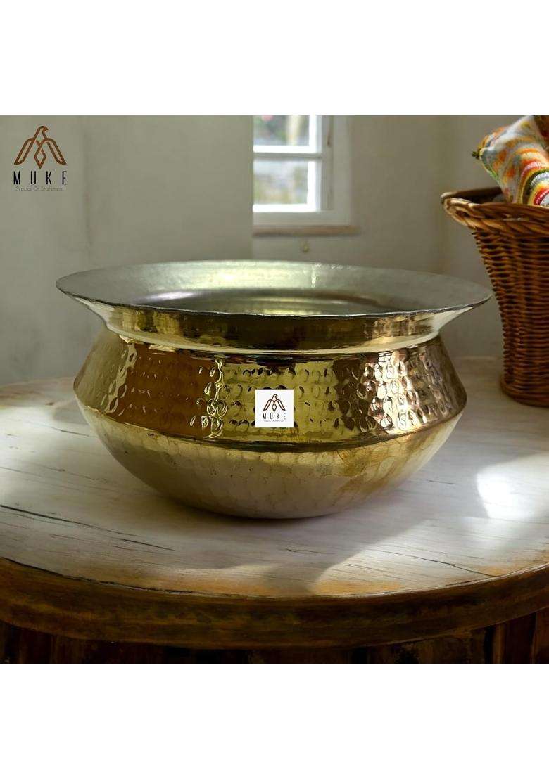 KITCHEN NEXT Muke Brass Handi Cooking Pot Sipri Cookwere Heavy Weight with Hammered Shinny Finish | 2 L | 2.1 Qt - Indya